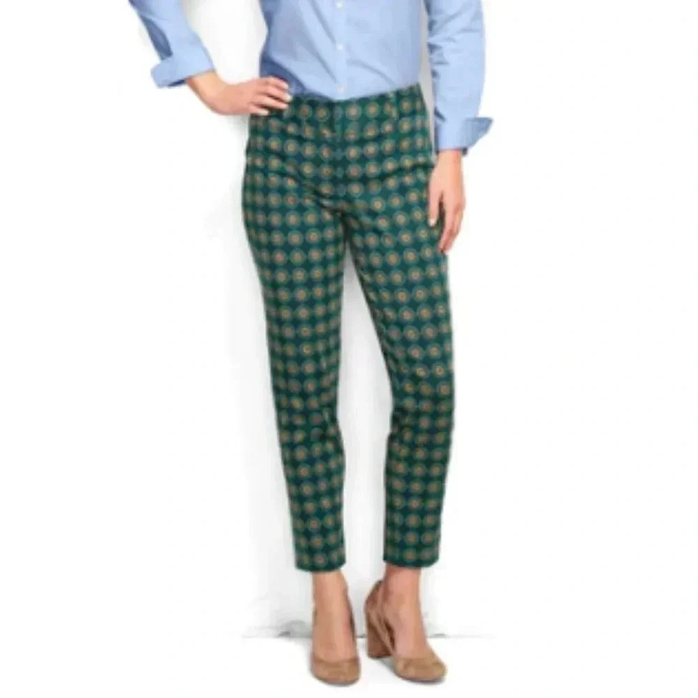 Lands' End Womens Petite 4 Teal Medallion Geometric Slim Leg Fit 2 Ankle Pants